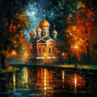 Nighttime Church Painting in the Style of Leonid Afremov photo
