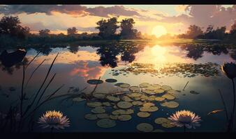 Serene Water Lilies at Sunset in a Pond photo