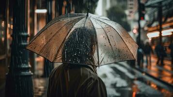 Braving the Storm Person Facing Away Holding Umbrella in Heavy Rain photo