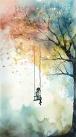 Swinging into the Sky Watercolor Painting of a Person on a Swing Set photo