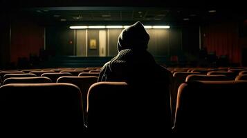 misterio aficionado al cine un persona sentado en un oscurecido teatro foto
