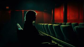 misterio aficionado al cine en oscuro teatro foto