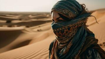 Journey through the Desert A Person Walking with Scarf Protection photo