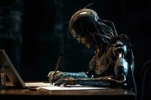 Artificial Intelligence Composes a Dark Background with a Writing Robot photo