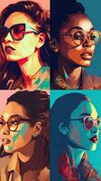 de moda mujer vistiendo vistoso lentes en sencillo ilustración estilo foto