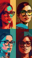 Four Women Sporting Unique Glasses in Colorful Illustrations photo