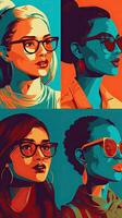 cuatro mujer deportivo único lentes en vistoso ilustración estilo foto