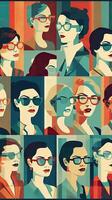 elegante mujer en Clásico lentes un colección de sencillo y vistoso ilustraciones foto