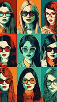 elegante mujer en Clásico lentes un colección de sencillo y vistoso ilustraciones foto