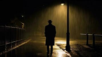 Rainy Night Person Silhouette Under Streetlight with Collar Turned Up photo