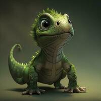 curioso bebé dinosaurio con brillante verde escamoso piel Perfecto para para niños libros y educativo foto