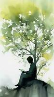 Natures Reading Nook Person Silhouette Sitting in Tree with Book photo