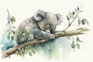 Dreamy Koala Napping on Eucalyptus Branch in Watercolor Style photo