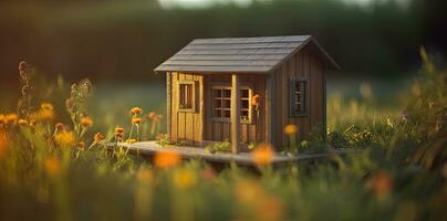 encantador de madera casa en un lozano verde campo con floral alrededores Perfecto para invitaciones y foto