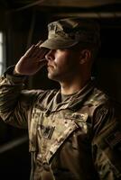 Patriotic Soldier Saluting in Front of National Flag photo