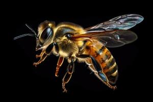 increíble macro Disparo de un abeja en vuelo en transparente antecedentes foto