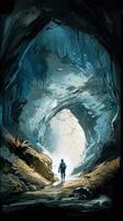 Adventurous Traveler Exploring a Cave with Headlamp Illumination Watercolor Painting photo