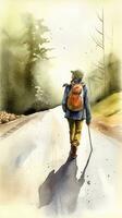 Journeying Alone A Watercolor Painting of a Hitchhiking Traveler on a Remote Road photo