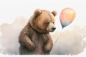 Bear with Balloon Watercolor Painting for Invitations and Posters Generative AI photo