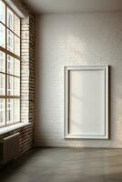 Blank Canvas White Picture Frame on Wall for Displaying Artwork photo