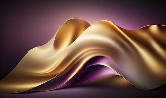 Ethereal Dreamy 3D Wave Abstract Background in Bright Gold and Purple Gradient Silk Fabric photo