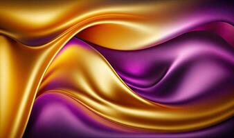 Ethereal Dreamy 3D Wave Abstract Background in Bright Gold and Purple Gradient Silk Fabric photo