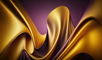 Ethereal Dreamy 3D Wave Abstract Background in Bright Gold and Purple Gradient Silk Fabric photo
