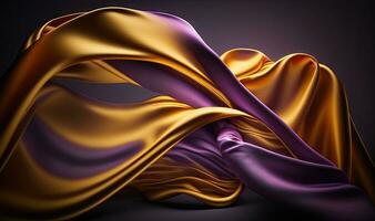 Ethereal 3D Wave Abstract Background in Bright Gold and Purple Gradient Silk Fabric photo