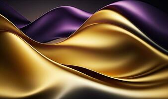 Ethereal Dreamy 3D Wave Abstract Background in Bright Gold and Purple Gradient Silk Fabric photo