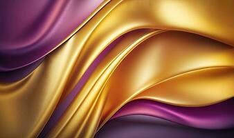 Ethereal Dreamy 3D Wave Abstract Background in Bright Gold and Purple Gradient Silk Fabric photo