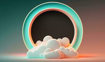 Abstract Geometric Background with Glowing Neon Round Frame and Illuminated Cumulus Clouds photo