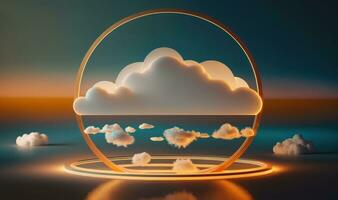 Abstract Geometric Background with Glowing Neon Round Frame and Illuminated Cumulus Clouds photo