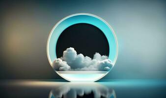 Abstract Geometric Background with Glowing Neon Round Frame and Illuminated Cumulus Clouds photo