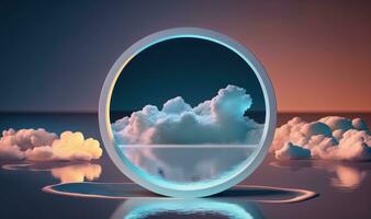 Abstract Geometric Background with Glowing Neon Round Frame and Illuminated Cumulus Clouds photo