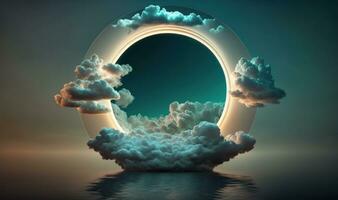 Abstract Geometric Background with Glowing Neon Round Frame and Illuminated Cumulus Clouds photo