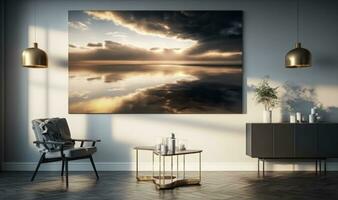 Golden Sunset Seascape with Calm Waters and Abstract Landscape Background photo