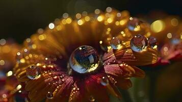 Golden Sunlight on Colorful Garden Flower with Abstract Macro Fantasy Dew Drops photo