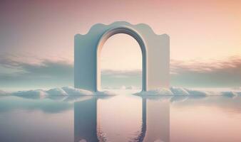 Surreal Nordic Seascape with Mirror Arch and Calm Water for Relaxation Generative AI photo