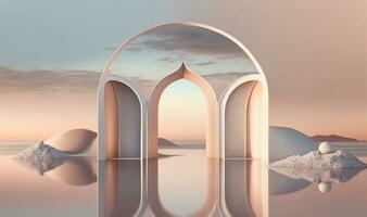 Surreal Nordic Seascape with Mirror Arch and Calm Water photo