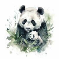 Sweet Baby Panda and Mother Enjoying Bamboo on White Background for Scrapbooking Generative AI photo