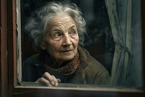 Elderly Woman Gazing Out Window with Stunning Realism photo