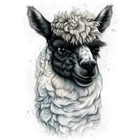 Alpaca in New School Tattoo Style with Half White and Half Black Fur Mixed Together on White Background photo