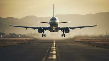 avión aterrizaje en aeropuerto pista con alto detalle foto