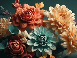 Retro Filtered Pink and Orange Flowers on Gray Background photo