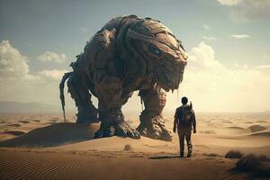 Apocalypse Warrior Confronts Giant Mechanical Beast in Digital Painting Style photo
