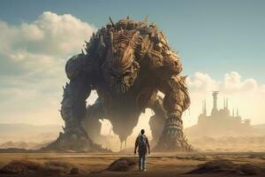 Apocalypse Warrior Confronts Giant Mechanical Beast in Digital Painting Style photo