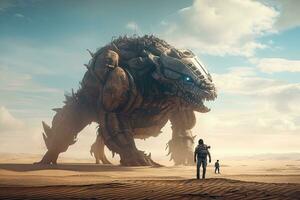Apocalypse Warrior Confronts Giant Mechanical Beast in Digital Painting Style photo