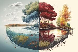 vibrante acuarela ilustración de otoño y verano estaciones en naturaleza foto