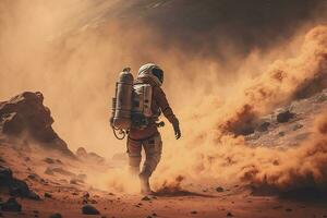 explorador el rojo planeta astronauta coleccionar muestras en Marte superficie generativo ai foto