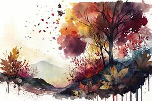 Autumn Landscape with Falling Leaves in Watercolors photo